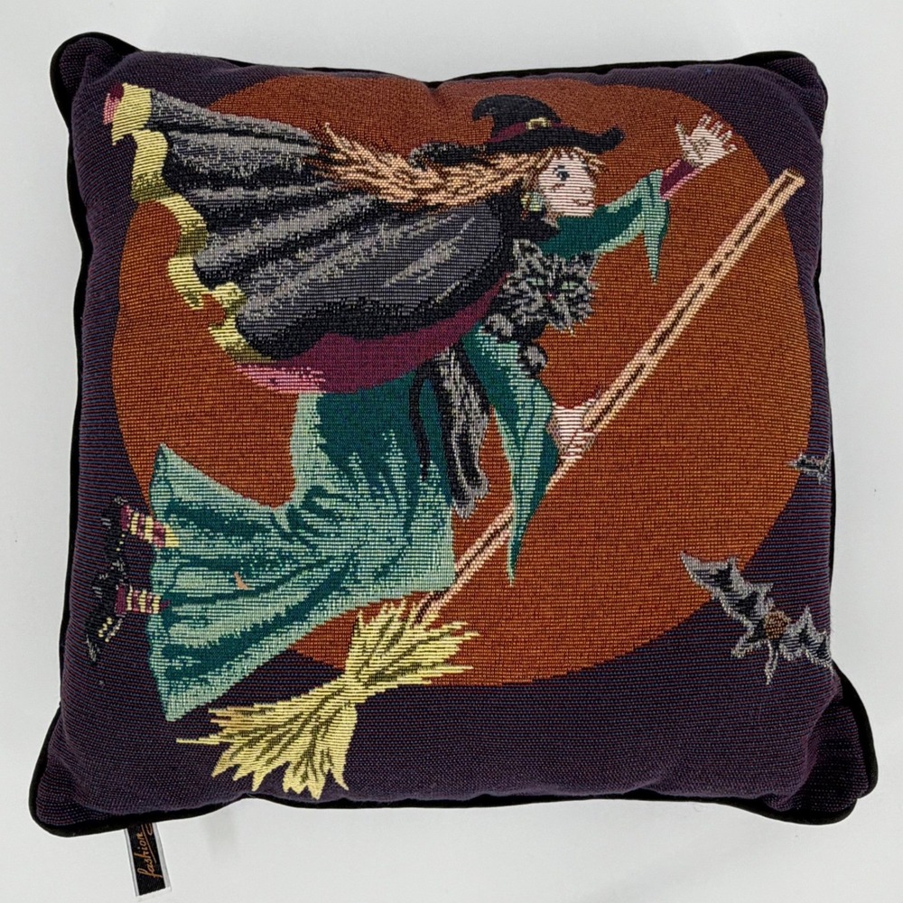 Fashion Halloween Witch Flying Broomstick Tapestry Throw Pillow 16x16 Vintage
